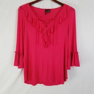 New Directions Shirt Womens Small Pink Top Long Bell Sleeve Ruffle V Neck Blouse
